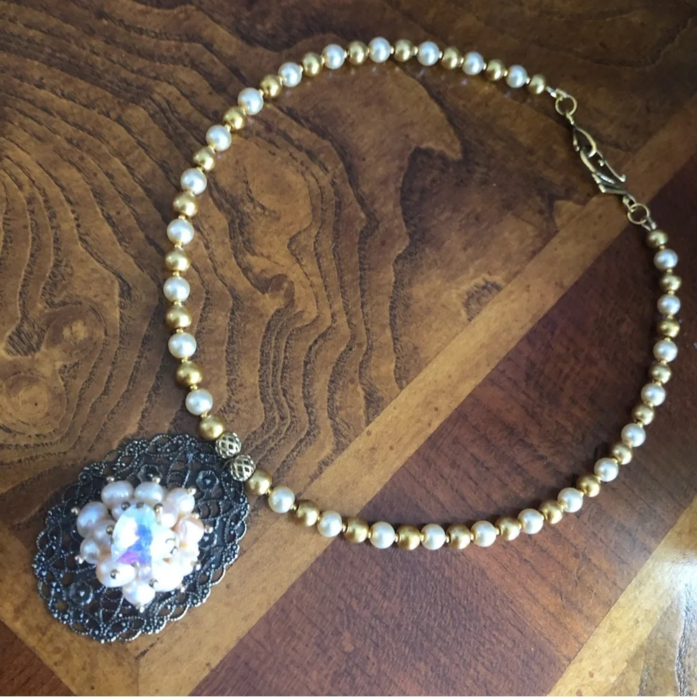 Handcrafted repurpose pearl cluster filigree pendant Czech glass Pearl necklace